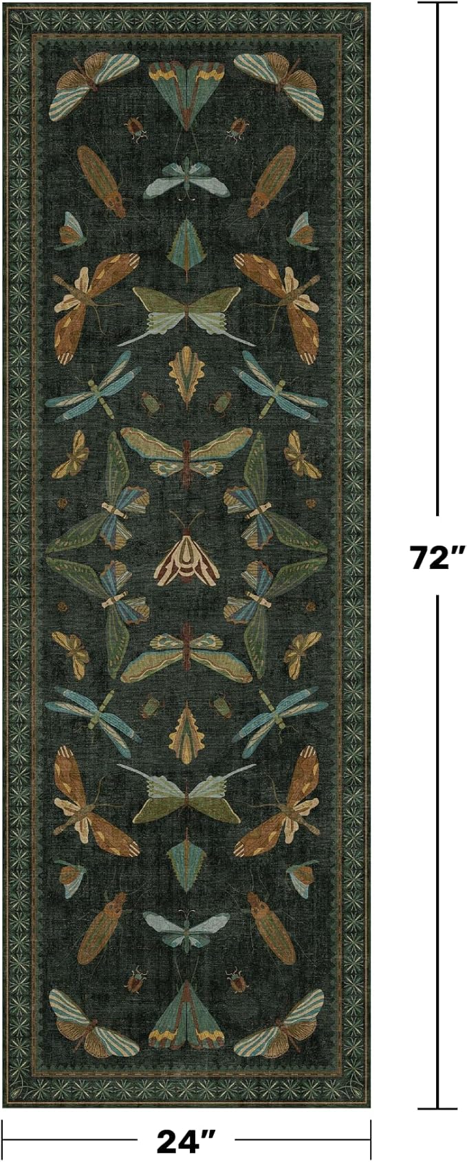 Washable Insect 2x6 Runner Rug for Hallway- Stain Resistant Kitchen Runners, Floral Whimsical Indoor Floor Mat for Bathroom, Soft Non Slip with Rubber Backed, Dark Green