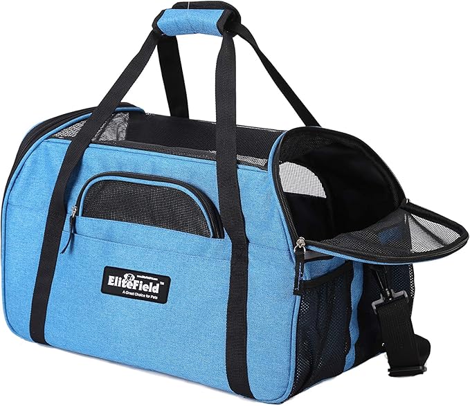 EliteField Soft Sided Pet Carrier (3 Year Warranty, Airline Approved), Multiple Sizes and Colors Available (17" L x 9" W x 12" H, Sapphire Blue)