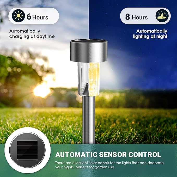 GIGALUMI 16 Pack Solar Path Lights Outdoor,Solar Lights Outdoor Waterproof,Stainless Steel LED Landscape Lighting,Solar Garden Lights for Driveway,Pathway,Patio,Yard