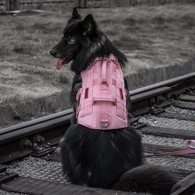 OneTigris Large Tactical Dog Harness, No Pulling Adjustable Dog Vest Harness, Heavy Duty Dog Harness with Handle, Large Hook and Loop Panels for Patch(Pink,M