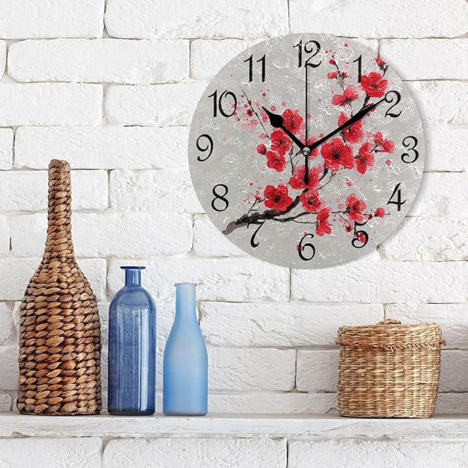 Wall Clock Retro Red Cherry Blossom Silent Non-Ticking Decorative Round Wall Clocks Battery Operated for Office Home Living Room Kitchen Bedroom 10 Inch