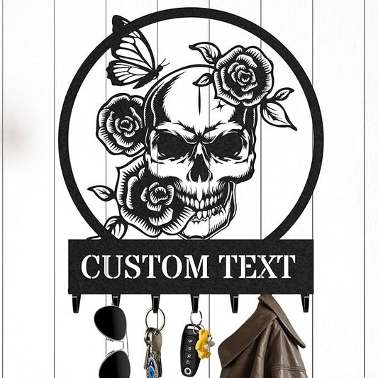 Personalized Key Holder for Wall, Custom Metal Rose Skull Key Hooks with Name, Metal Jacket Holder Hooks Organizer Rack, Coat Hanger Decor for Kitchen, Entryway, Hallway, Office
