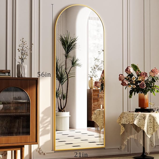 Full Length Mirror 56"x21" - Arched Floor Standing Body Mirror with Aluminum Frame,Leaning Hanging for Bedroom Cloakroom Living Room Gold