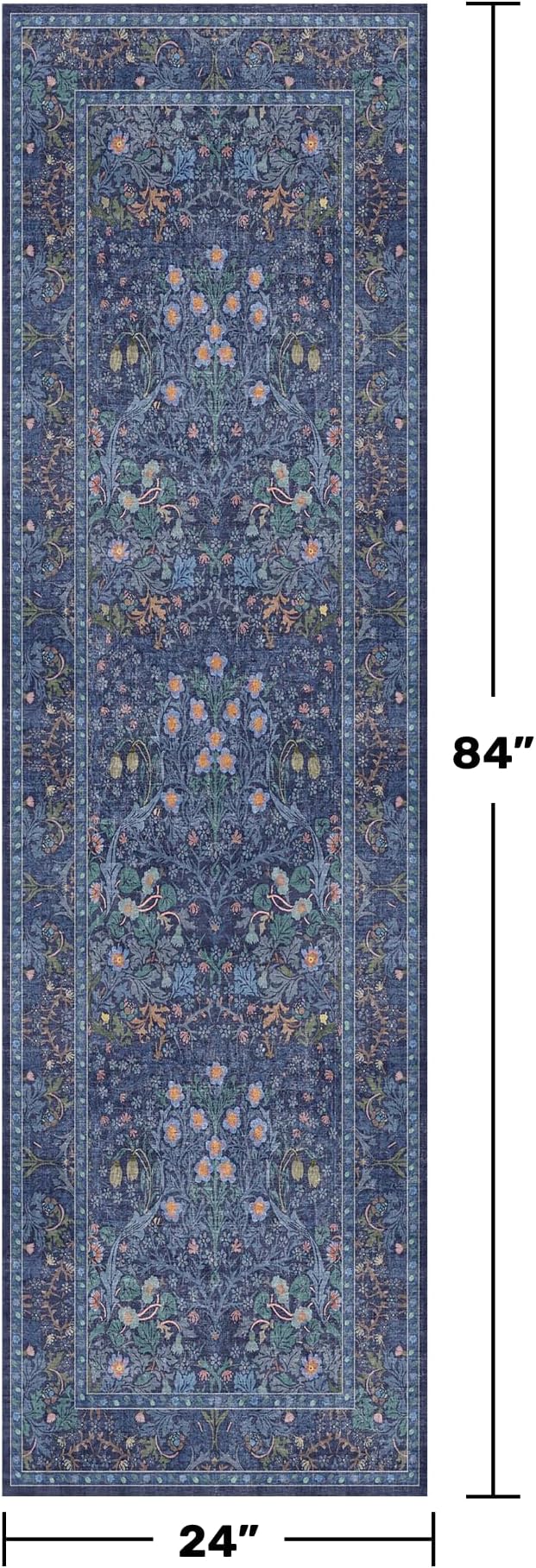 Non Slip 2x7 Dark Blue Hallway Runner - Long Runner Rugs for Bathroom, Washable Kitchen Floor Mat, Bedroom Bedside - Dusky Navy Vintage Floral Décor