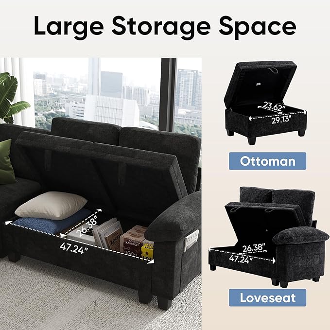 76.8" Modular Sectional Sleeper Sofa with Pull Out Bed,U Shaped 5 Seat Sectional Sofa with Storage,Modular Couch for Living Room,Deep Seat Couch with Removable Sofa Cover,Black