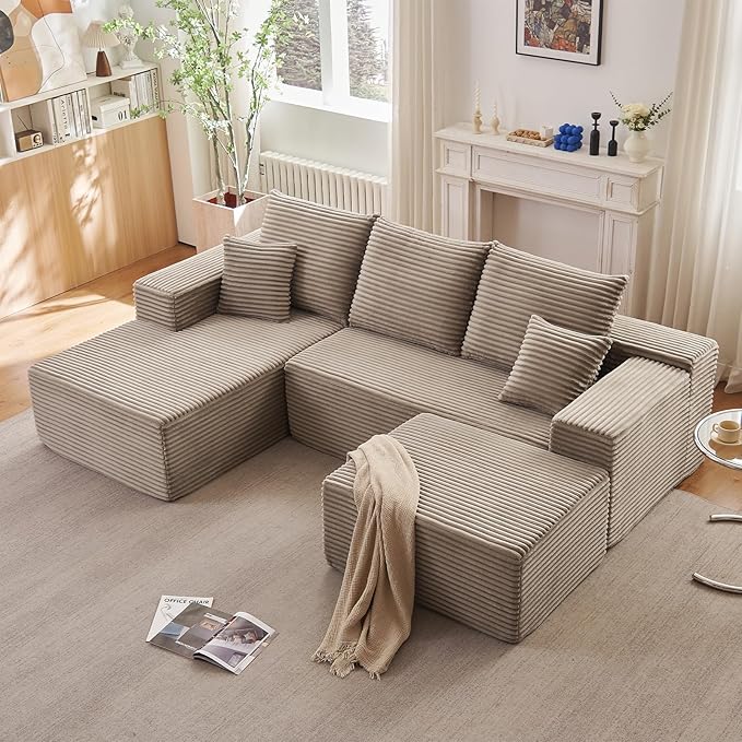 107" L-Shape Sofa with Ottoman, Modern Modular Sectional Comfy U-Shape Cloud Couch, Deep Seat, Upholstered Corduroy Sleeper Chaise Longue for Living Room Bedroom, No Assembly Required, Camel