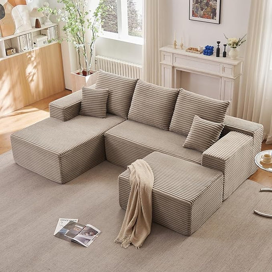 107" L-Shape Sofa with Ottoman, Modern Modular Sectional Comfy U-Shape Cloud Couch, Deep Seat, Upholstered Corduroy Sleeper Chaise Longue for Living Room Bedroom, No Assembly Required, Camel