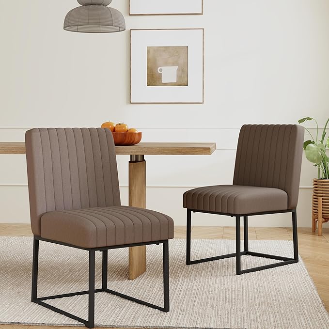 VKNOW Upholstered Dining Chairs Set of 6, Modern Dining Room Chairs with Stripe, Linen Kitchen Chair Dinner Chair with Black Metal Base for Kitchen Office, Brown