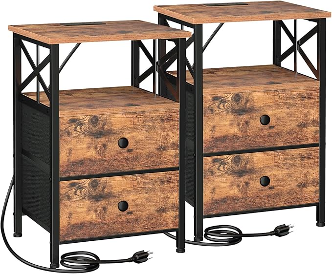 AMHANCIBLE Night Stand Set 2, Nightstand with Charging Station, End Tables Living Room with USB Ports and Outlets, Bedside Tables with Fabric Drawers for Bedroom, Rustic Brown HET05XBR