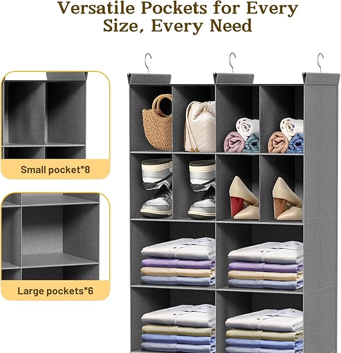 5 Tier Hanging Closet Organizer, 14 Compartments Sweater Organizer for Closet with 3 Sturdy Hooks, Closet Organizers and Storage, Wardrobe, Rv, Garment Rack, Grey