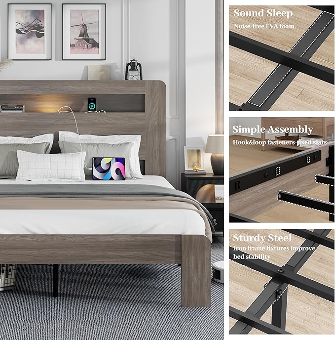 King Size Wooden Bed Frame with Bookcace Storage Headboard, Rustic Farmhouse Bedframe with LED Lights and Charging Station, Sturdy and Stable, Slat Support, No Box Spring Required (Light Brown, King)