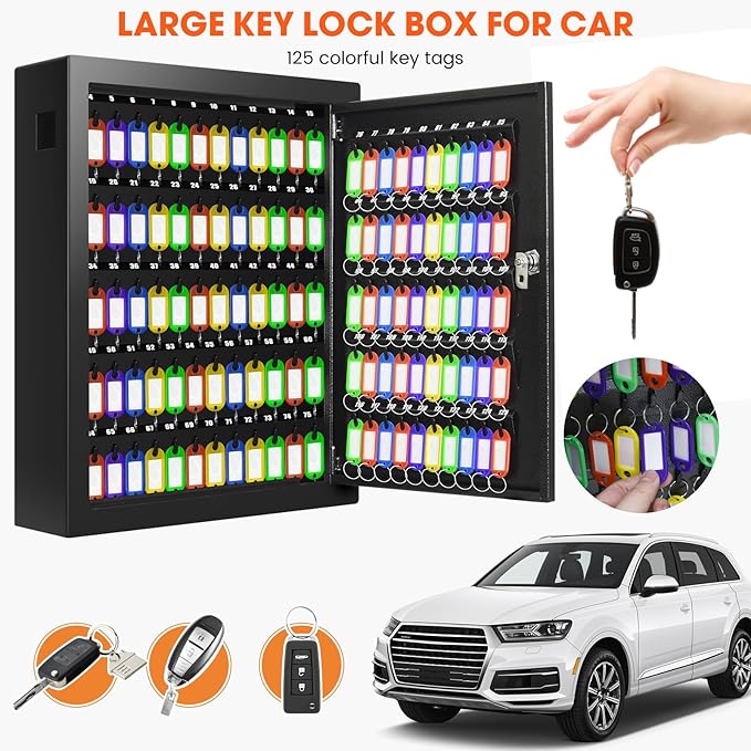 125 Key Lock Box Wall Mount with Anti-Theft Deposit Key Slot, Key Cabinet with Key Hooks & 125 Tags Key Labels, Key Safe for Hotels & Office & Companies & Car Dealerships