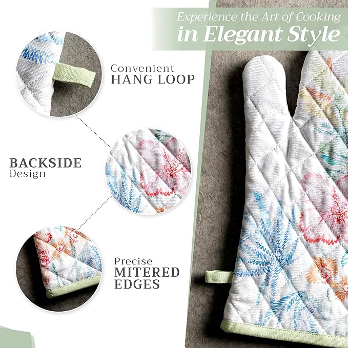 Maison d' Hermine 100% Cotton Oven Mitt & Pot Holder Set (7.5"x13" & 8"x8") Heat Resistant BBQ Cooking Gloves with Loop, Baking, Grilling, Kitchen, Handling Hot Pans Spring/Summer (Paradise Island)