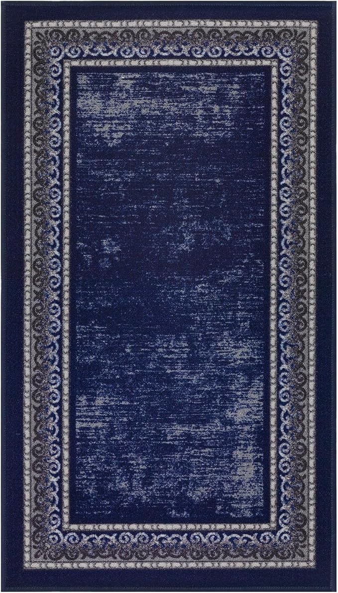 Antep Rugs Alfombras Bordered Modern 2x4 Non-Slip (Non-Skid) Low Pile Rubber Backing Kitchen Area Rug (Navy, 2'3" x 4')