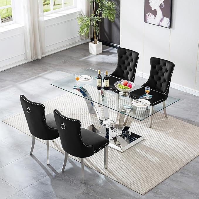 70" Modern Silver Glass Dining Table Set for 4, 5-Piece Rectangle Kitchen Dining Room Table Set with Steel Base & 4 Black Velvet Upholstered Chairs, Modern Glass Kitchen Table and Chairs Set of 4