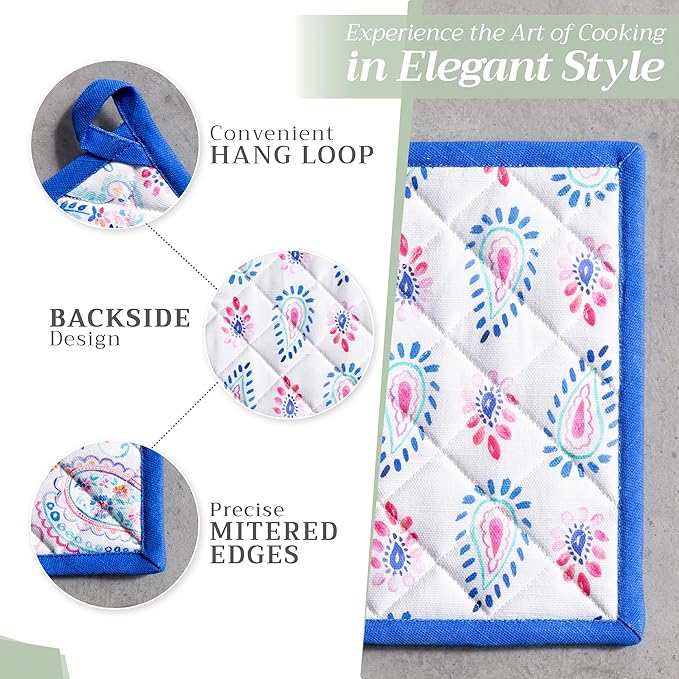 Maison d' Hermine 100% Cotton Oven Mitt & Pot Holder Set (7.5"x13" & 8"x8") Heat Resistant BBQ Cooking Gloves with Loop, Baking, Grilling, Kitchen, Handling Hot Pans Spring/Summer (Indian Floral)