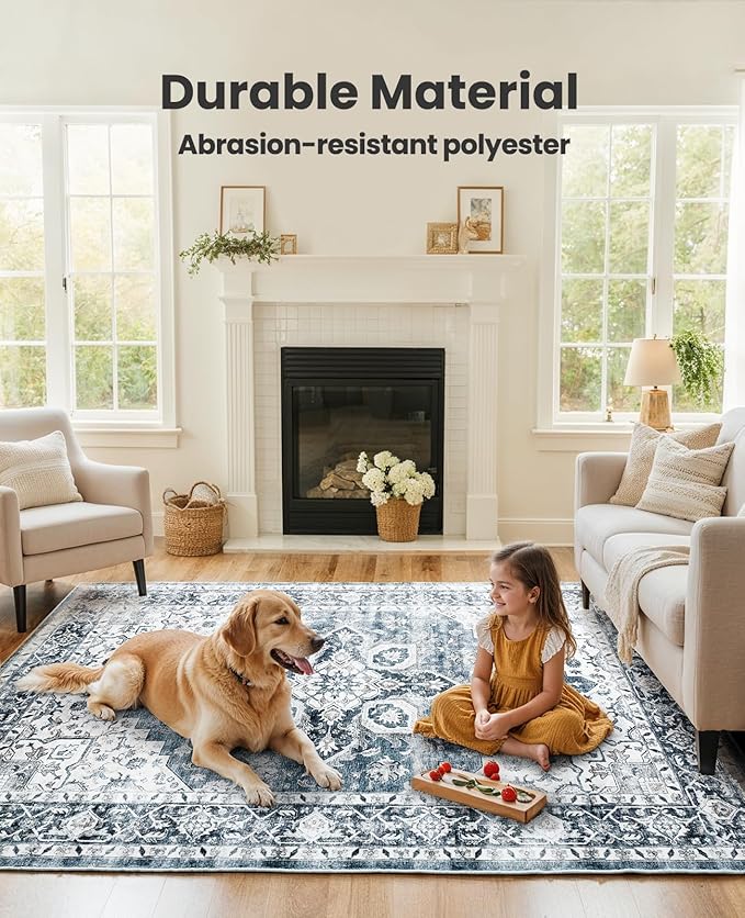AMADA HOMEFURNISHING 5x7 Area Rugs, Washable Living Room Rug Low-Profile with Non-Slip Backing & Durable Edge Binding, Vintage 5x7 Rugs for Living Room, Bedroom, Dinning Room