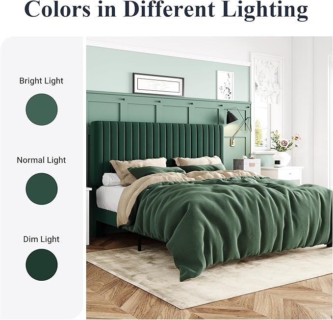 Allewie Queen Bed Frame, Velvet Upholstered Platform Bed with Adjustable Vertical Channel Tufted Headboard, Mattress Foundation with Strong Wooden Slats, Box Spring Optional, Easy Assembly, Green
