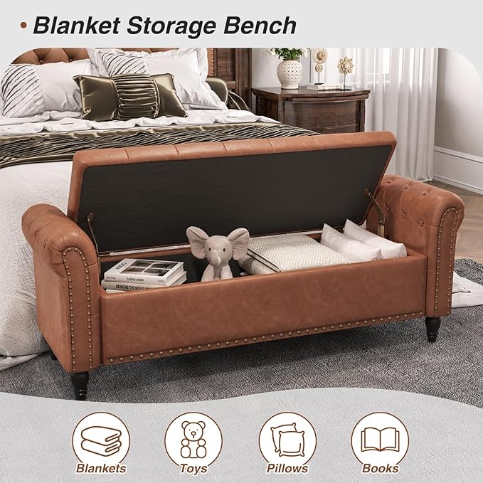 65 Inch Bedroom Bench, End of Bed Bench with Storage, Bed Benches for Foot of Bed, Faux Leather Window Bench with Tufted Button and Nailhead Trim, Upholstered Storage Bench with Rolled Arms, Brown