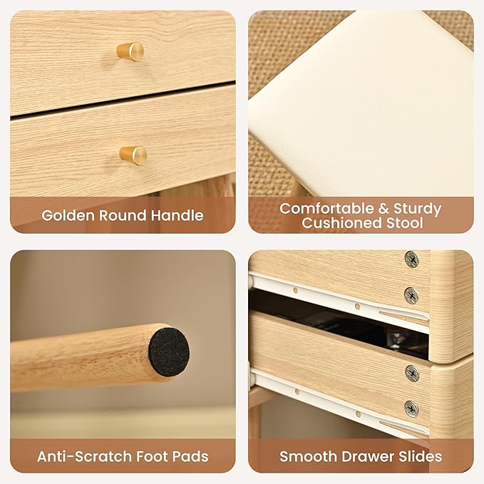 Small Vanity Desk with Mirror and Lights, Metal Handles with Cushioned Stool, 3 Lighting Modes Round Makeup Table with Glass Top, Compact Vanity for Small Spaces with 6-Grid Organizer, Natural Oak