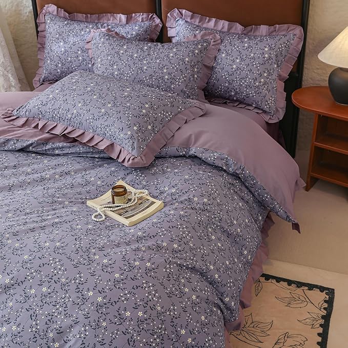 Purple Ruffle Duvet Cover Twin 3 Pieces Cute Daisy Flower Duvet Cover Girls Cottagecore Bedding Set Twin 100% Cotton Romantic Lace Comforter Cover Aesthetic Floral Bedding Cover with Zipper Closure