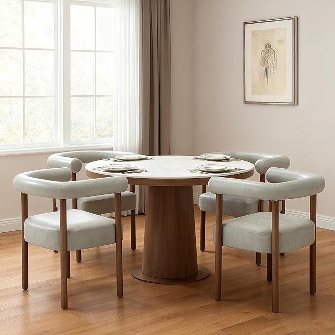 PU Leather Dining Chairs Set of 4, Modern Upholstered Dining Chairs, Curved Backrest Kitchen Dining Room Chairs Accent Chairs Arm Chairs with Natural Wood Legs, Grey