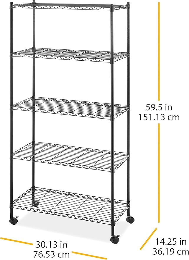 Whitmor 5 Tier Supreme Shelving Unit, Metal Storage Shelves, Adjustable Heavy Duty Shelf with Wheels, 400 lbs Capacity per Shelf, 2000 lbs Total for Pantry, Garage, Kitchen, Black