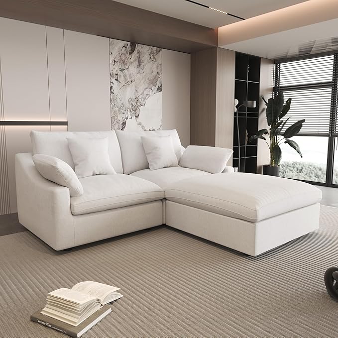 WJShome 83" Cloud Couch Sectional for Living Room, Down Filled Modular Sectional Sofa,L Shaped Sofas with Ottoman,Convertible Couch, Sofa Covers Washable&Replaceable,White