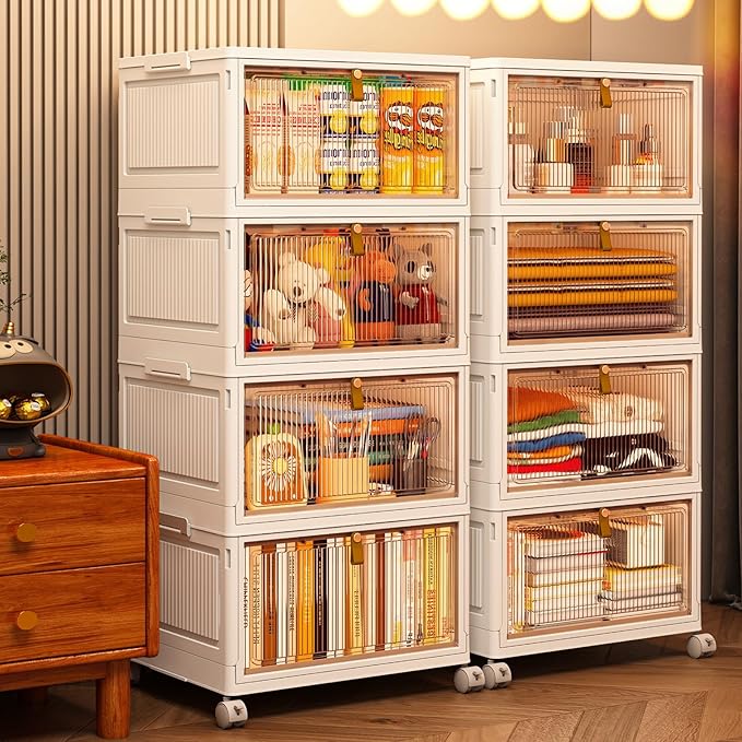 CTSNSLH 4 Tier Plastic Storage Bins and Boxes Organizer - 27Qt Stackable with Lids for Bedroom, Living Room, Office - Foldable Containers