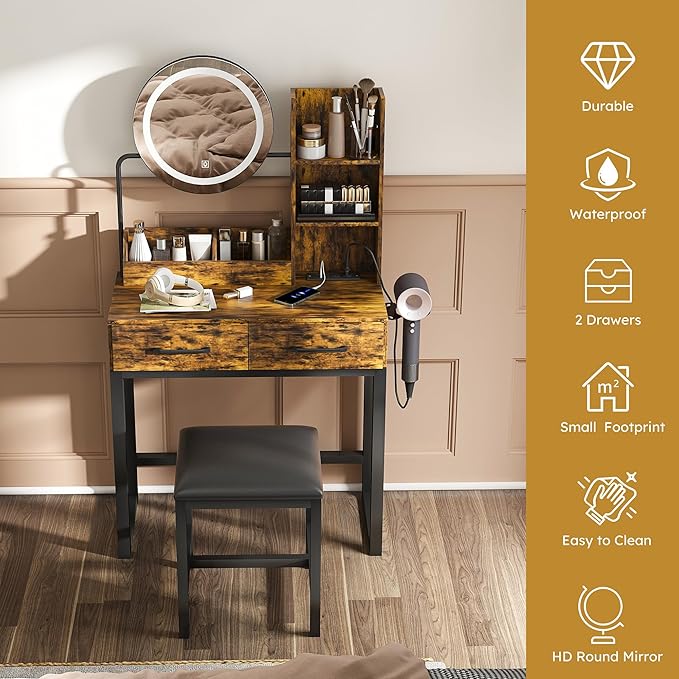 Ball & Cast Vanity Desk with Mirror & Power Outlet,3 Dimmable Colors Light Small Makeup Vanity Table Set with 2 Large Drawers & Chair,Adjustable Brightness Dressing Table for Women Girls Bedroom