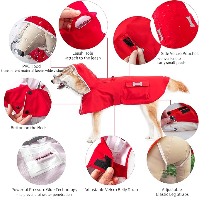 Dog Raincoat,Waterproof Rain Poncho with Hoodie, High Reflective Adjustable Pet Rain Jacket with Leash Hole for Small Medium and Large Dogs (Red, X-Large)