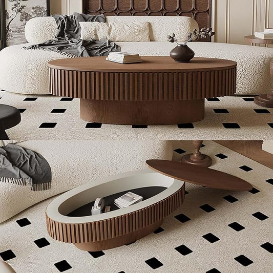 47.2" Oval Coffee Table with Storage, Fluted Coffee Table with Solid Wood Veneered, Mid Century Modern Wooden Center Table, Accent Tea Table for Living Room Apartment, Walnut