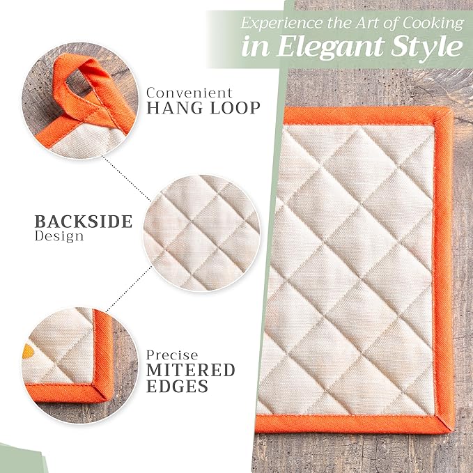 Maison d' Hermine 100% Cotton Oven Mitt & Pot Holder Set (7.5"x13" & 8"x8") Heat Resistant BBQ Cooking Gloves with Loop for Thanksgiving Christmas Decorations Handling Hot Pans (Colours of Autumn)