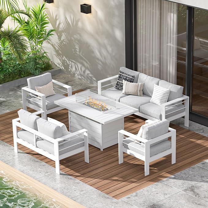 Wisteria Lane Aluminum Patio Furniture Set, 7 Seats Metal Outdoor Furniture Set with CSA Certified 54in Propane Gas Fire Pit Table, Patio Conversation Set with 5in Olefin Cover Cushions (White)