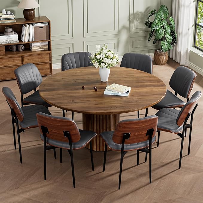 Dining Chairs Set of 8, Mid-Century Modern Upholstered PU Leather Chairs with Walnut Back and Metal Legs Adjustable Feet for Kitchen Dining Room, Dark Gray Shell Strips