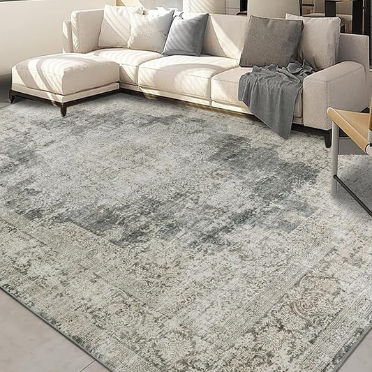 Area Rug 8x10 Washable Rug Living Room Vintage Non Slip Accent Rug Thin Retro Print Indoor Mat for Bedroom Kitchen, (Olive 8x10)