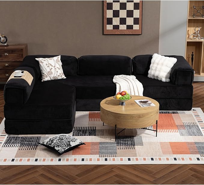 108" L Shaped Couch, Modular Sectional Sofa with Chaise, Cloud Boneless Couch with Deep Seat & Removable Pillow for Living Room, Bedroom,No Assembly Required（Black）