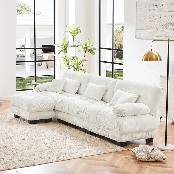 133.8" Oversized L-Shape Modern Chenille Couch, 3 Seater + 1 Ottoman, Upgraded-White