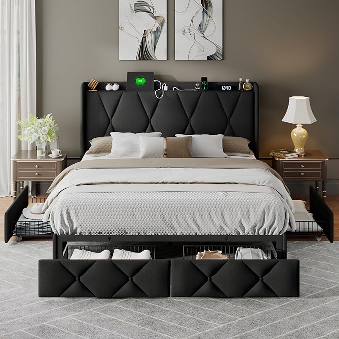Feonase Queen Bed Frame with 4 Storage Drawers, Upholstered Platform Bed with Charging Station, Wingback Storage Headboard, Wooden Slats Support, No Box Spring Needed, Easy-Assembly, Black