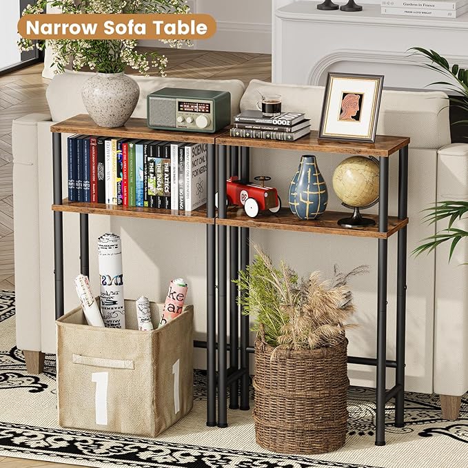 Narrow Console Table, 15.7" Small Entryway Table, 2-Tier Sofa Table with Storage, Skinny Console Tables for Entryway, Hallway, Bedroom, Living Room, Foyer, Rustic Brown