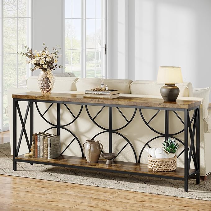 70.9-Inch Extra Long Sofa Table, Narrow Console Table Behind Couch with Storage for Entryway, Living Room, Entrance, Hallway, Foyer, Unique Geometric (Rustic Brown)