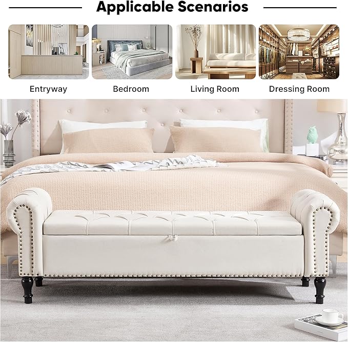 67 Inch Storage Bench for Bedroom, King Size End of Bed Bench, Upholstered Bench with Rolled Arms, Linen Tufted Button Storage Ottoman Benches, Living Room, Entryway, Beige