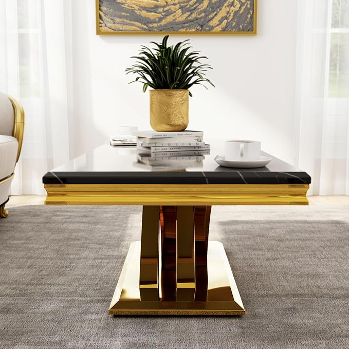 AUZ Black Gold Coffee Table Set of 2, Living Room Table Set with X- Shape Design Polished Stainless Steel Frame