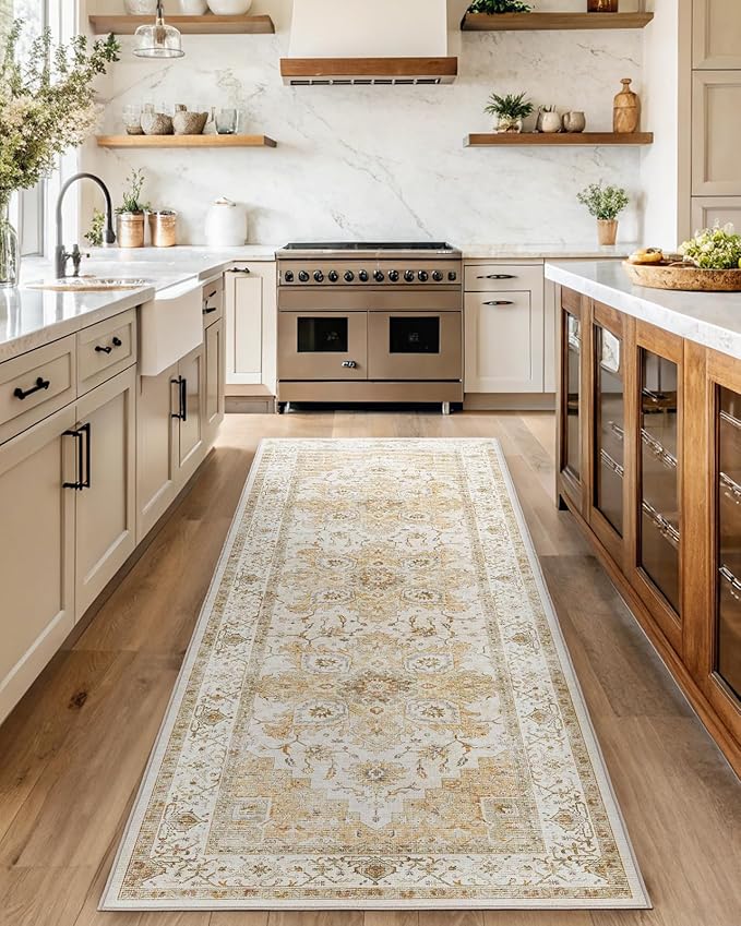 AMADA HOMEFURNISHING 2.7x8 Washable Runner Rug, Low-Profile Kitchen Runner Rugs with Non-Slip Backing & Durable Edge Binding, Vintage Entryway Rug for Bedroom & Hallway