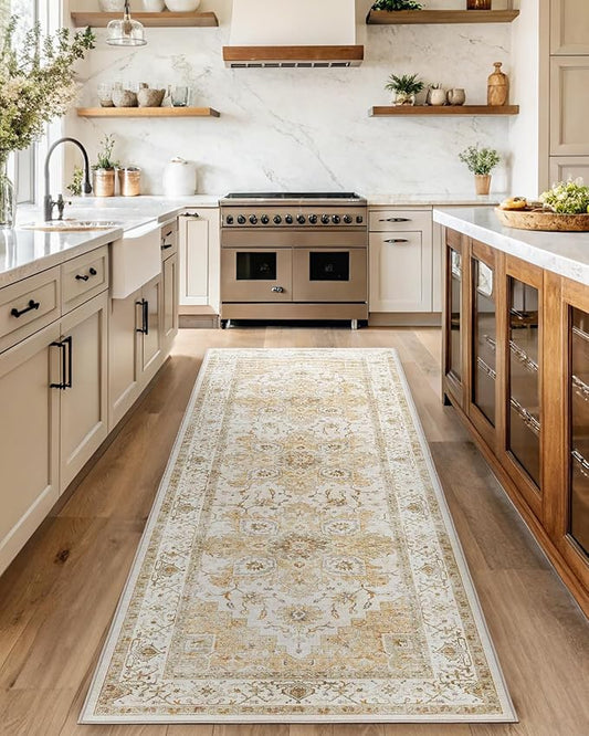 AMADA HOMEFURNISHING 2.7x8 Washable Runner Rug, Low-Profile Kitchen Runner Rugs with Non-Slip Backing & Durable Edge Binding, Vintage Entryway Rug for Bedroom & Hallway