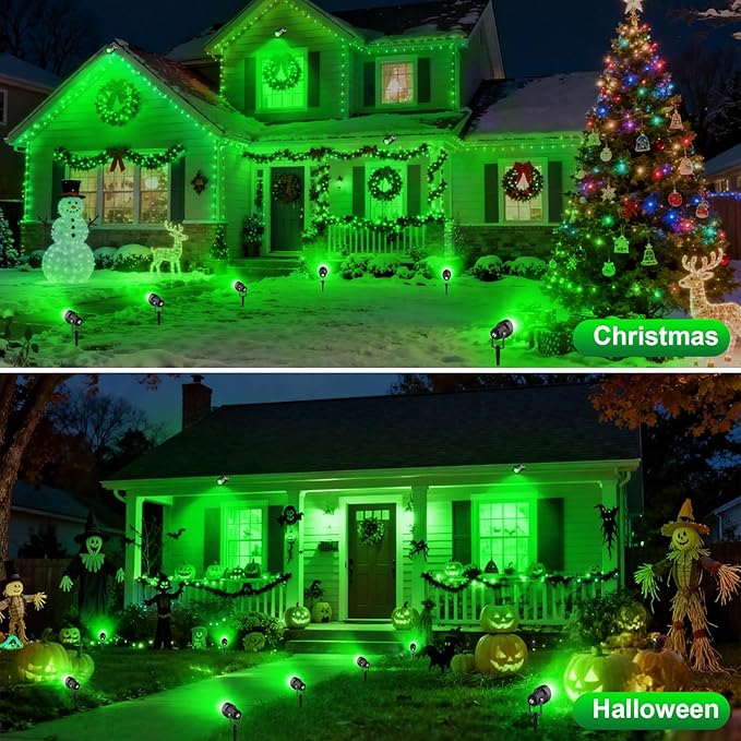 Christmas Green Landscape Spotlights, 14 LED Landscape Lighting with US Plug, IP65 Waterproof Outdoor for Tree Yard Garden Pathway Halloween Decor, 4 Pack