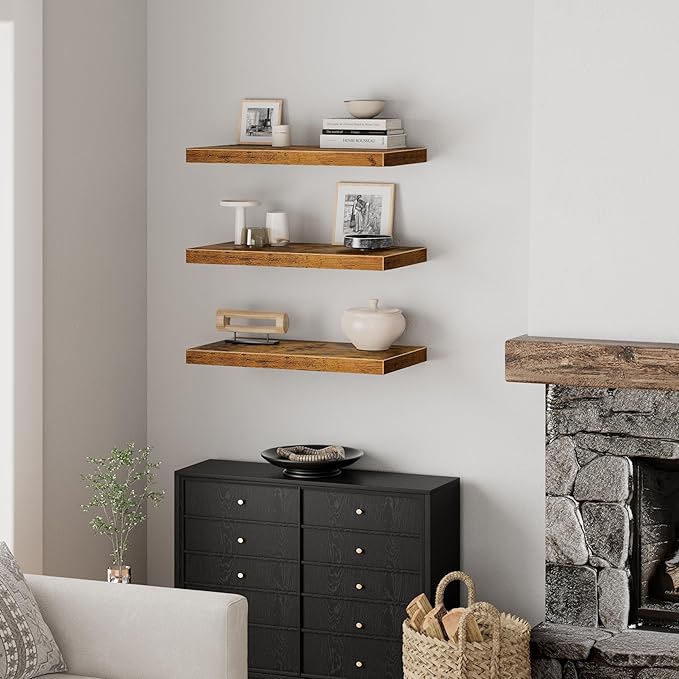 QEEIG 10" Deep Floating Shelves for Wall - 10 x 24 inch Book Shelf Bathroom Bedroom Kitchen Living Room Hanging Bookshelf Farmhouse Set of 3, Rustic Brown (025-60BN3)