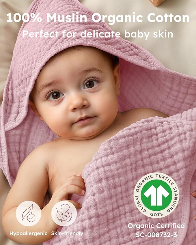 Yoofoss Hooded Baby Towels for Newborn 2 Pack 100% Muslin Organic Cotton Baby Bath Towel with Hood for Babies, Infant, Toddler and Kids, Large 32x32Inch, Soft and Absorbent Newborn Essential