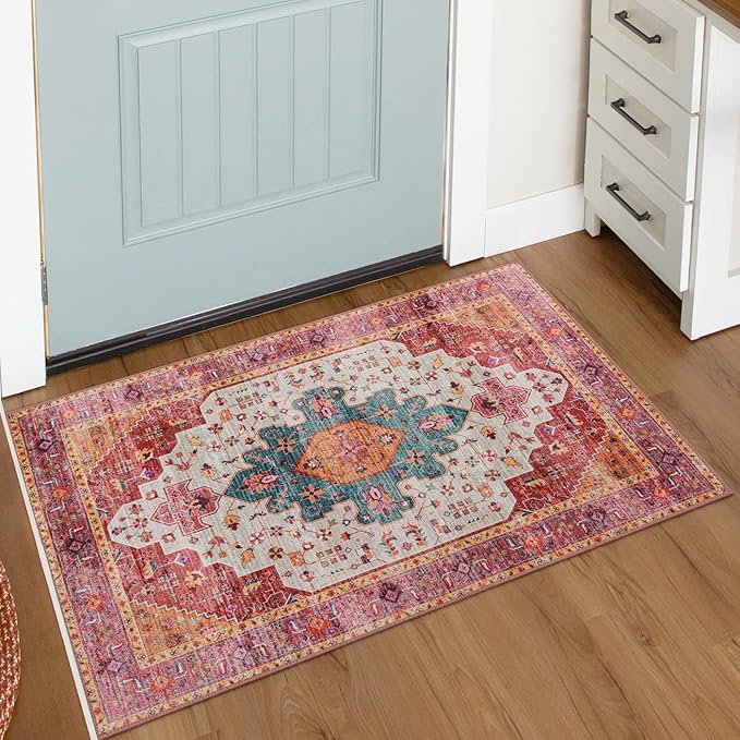 Moynesa Ultra-Thin Washable Runner Rug - Pink 2x4 Bedroom Bathroom Rug Runner Non-Slip Kitchen Rugs, Vintage Stain Resistance Low Pile Entryway Carpet Runner for Hallway Laundry Room