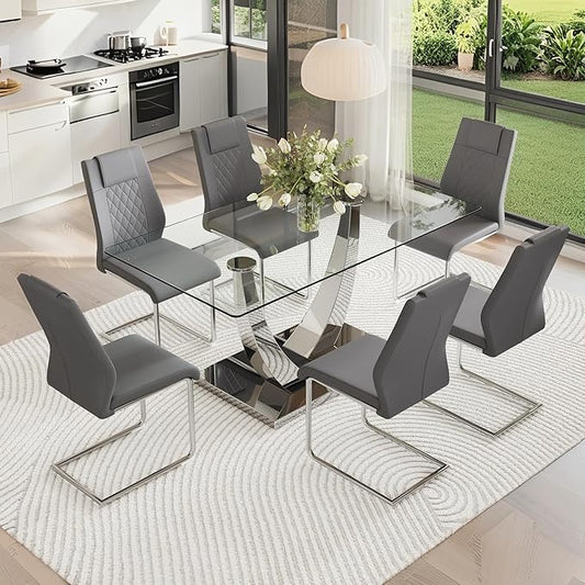 AZmac 63” Glass Dining Room Table Set for 6, Modern Kitchen Table and Chairs Set of 6, Dining Sets with Rectangular Tempered Glass and Sturdy Silver Chrome Base, for Kitchen Home